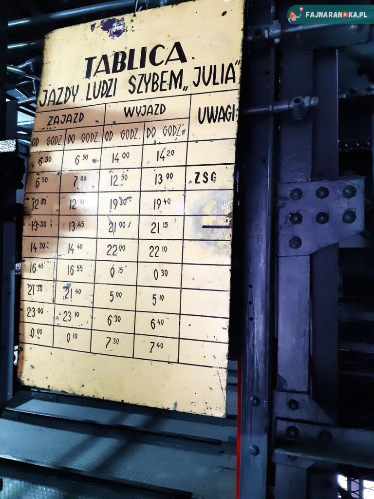 Rozkład jazdy szybem Julia w podziemiach Muzeum Górnictwa - Stara Kopalnia w Wałbrzychu.