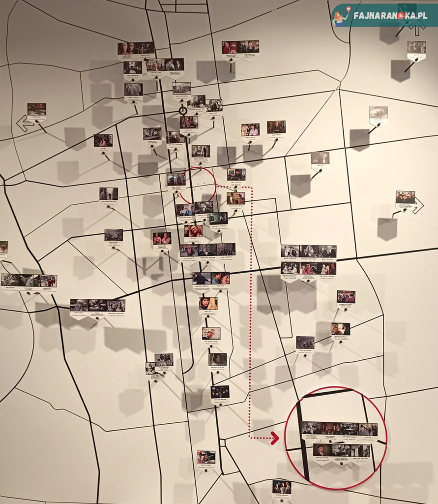 Mapa Łodzi z zaznaczonymi lokalizacjami miejsc filmowych.
