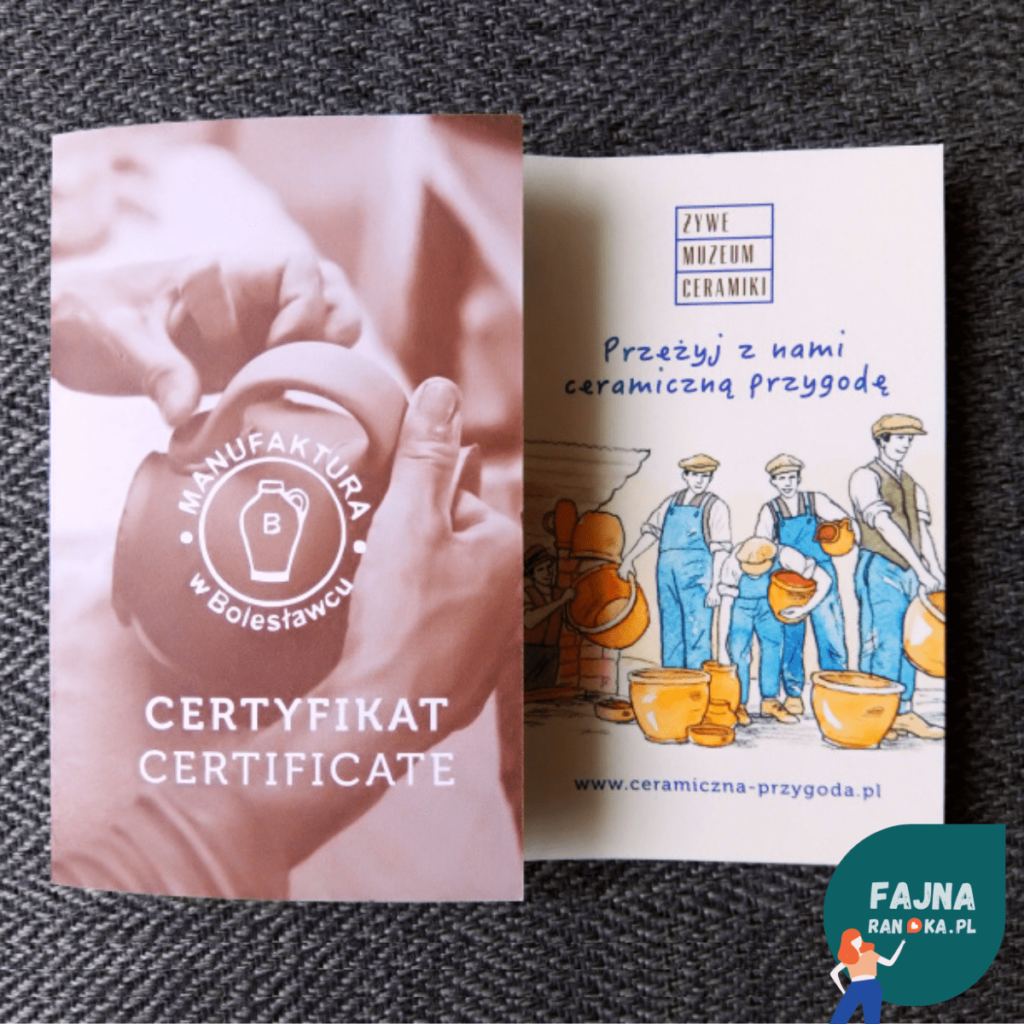 Certyfikat autentyczności ceramiki, którą ozdobiłam w Żywym Muzeum Ceramiki w Bolesławcu. Randka we Wrocławiu.