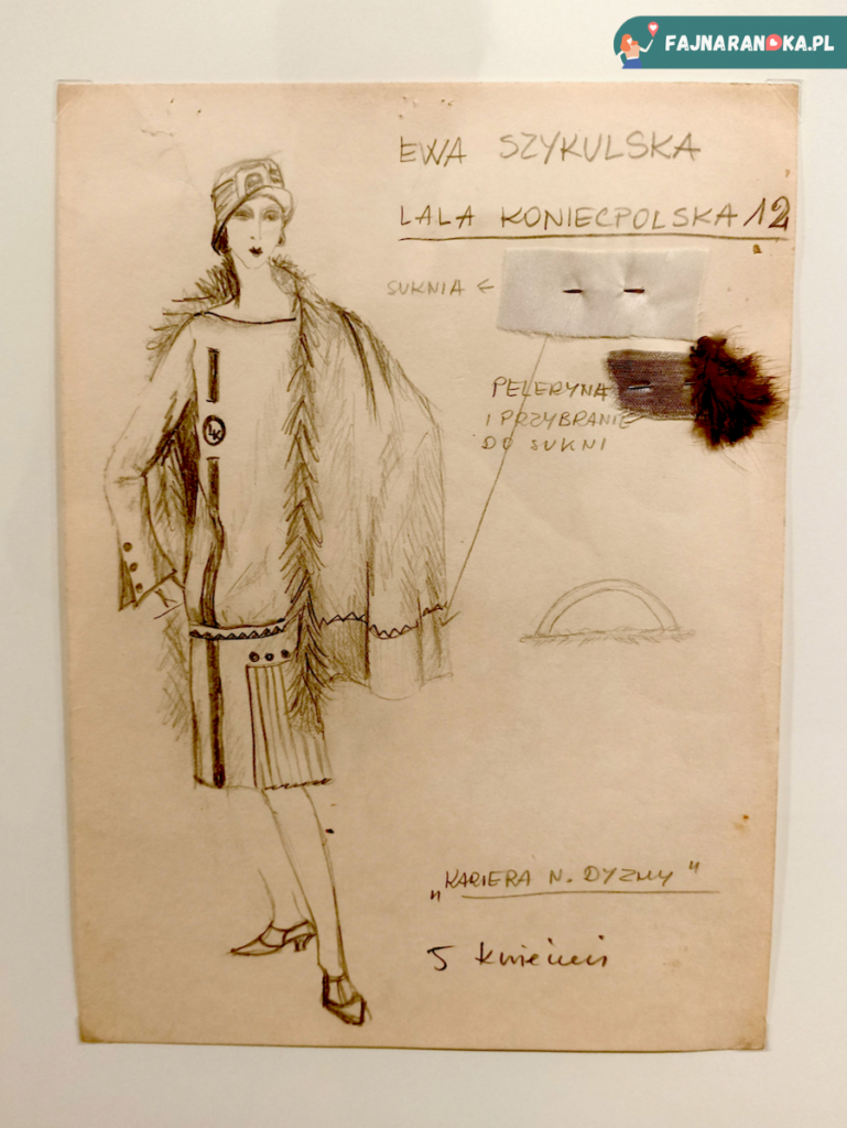 Oryginalny szkic kostiumu, projekt sukni i peleryny z futrzanym wykończeniem dla aktorki Ewy Szykulskiej wcielającej się w postać Lali Koniecpolskiej w filmie „Kariera Nikodema Dyzmy”.