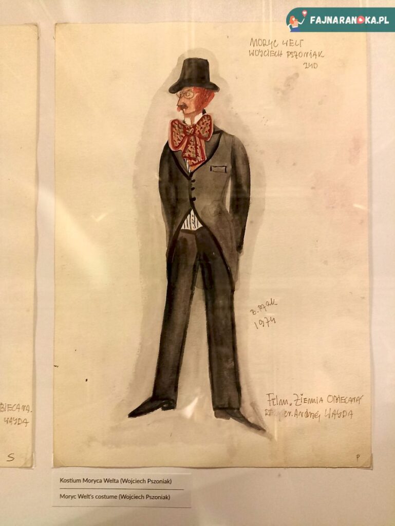 Oryginalny szkic kostiumu postaci Moryca Welta z filmu "Ziemia Obiecana" z 1974 roku w reżyserii Andrzeja Wajdy. W postać Moryca Welta wcielił się Wojciech Pszoniak.