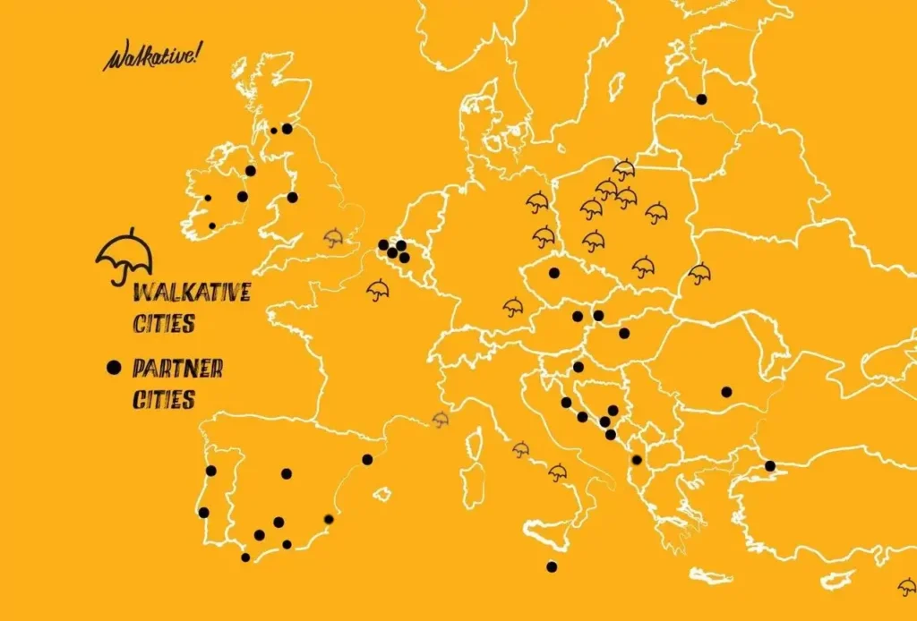 Schematyczna mapa pokazująca zasięg spacerów z Walkative! w Europie.