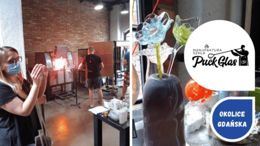 Zwiedzani z przewodnikiem w Hucie Szkła w Pucku dmuchanie szkła.