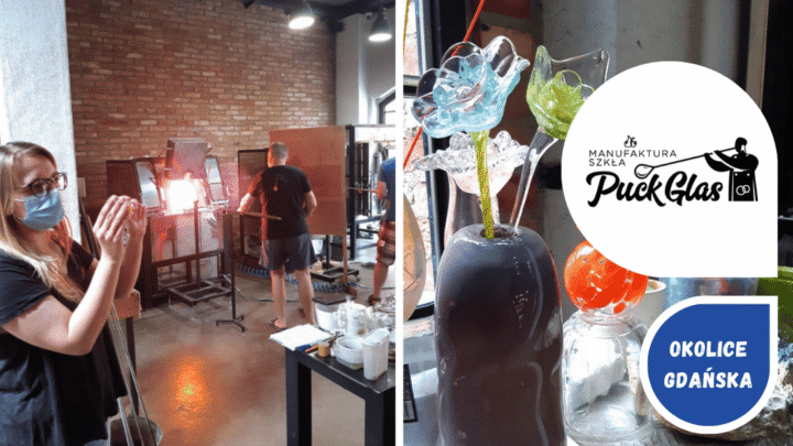 Zwiedzani z przewodnikiem w Hucie Szkła w Pucku dmuchanie szkła.