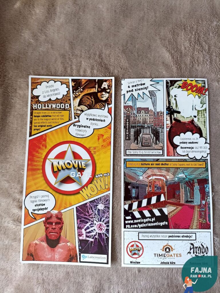 Ulotka MovieGate z TIMEGATES z Jeleniej Góry. To trzy pomysły na niezapomniane randki w okolicach Wrocławia i samym Wrocławiu.